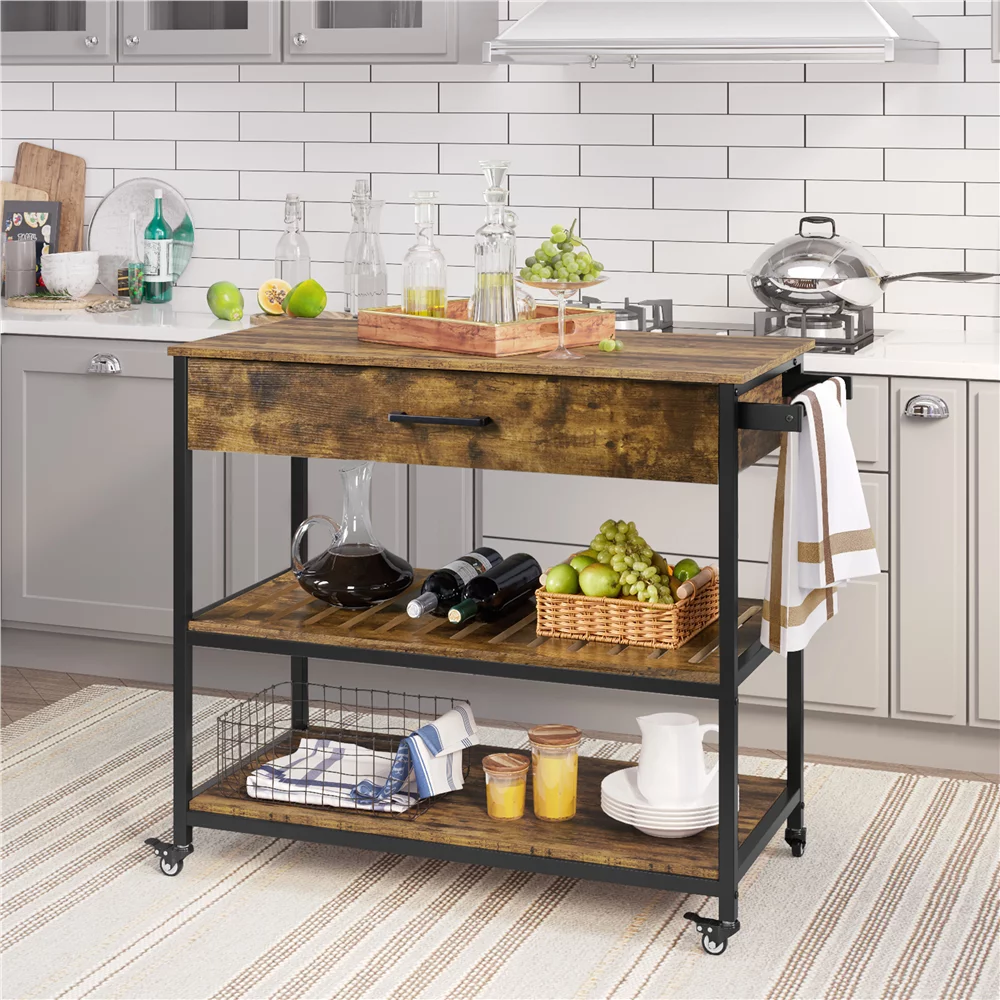 Yaheetech 3-Tier Rolling Kitchen Island on Wheels with Storage Drawer and Shelves. Rustic Brown