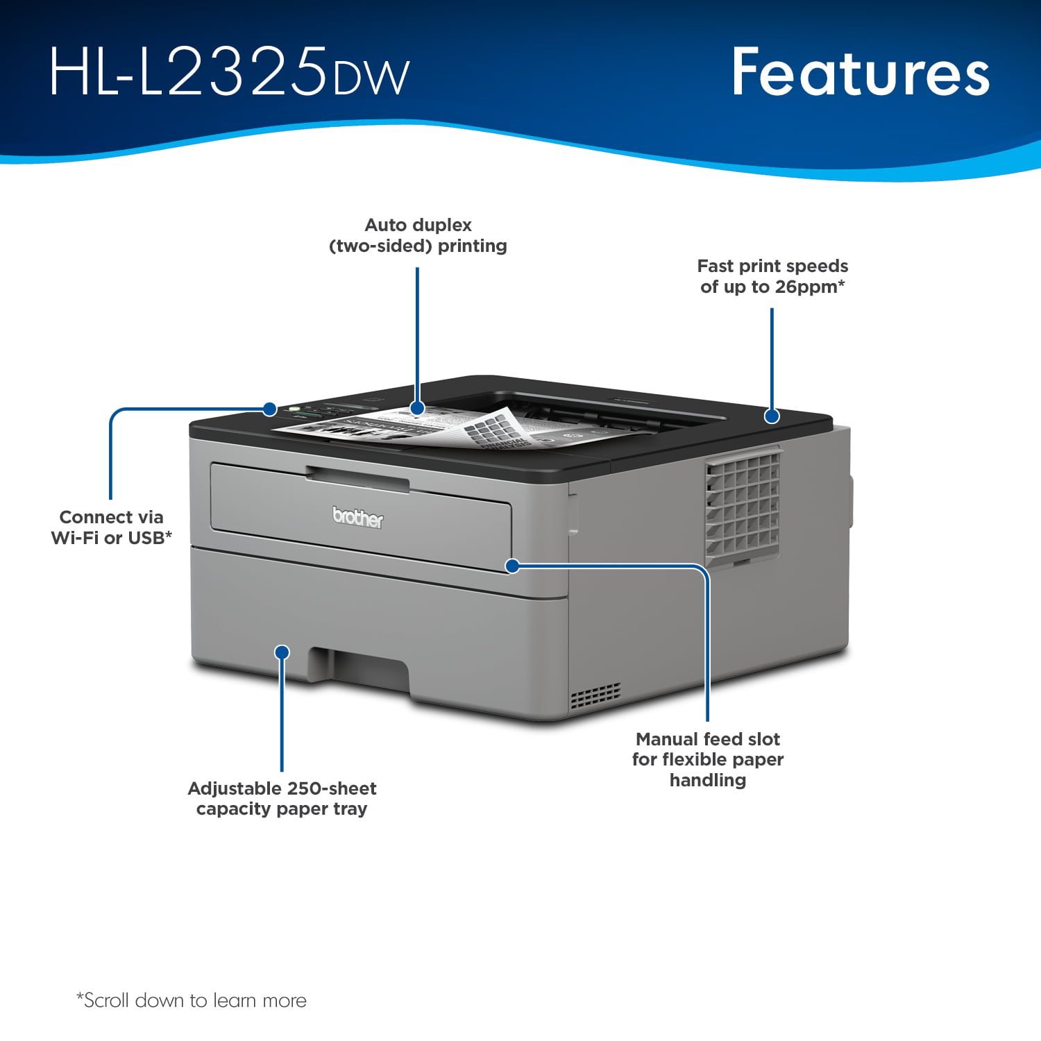 Brother HL-L2325DW Monochrome Laser Printer. Wireless Networking & Duplex Printing