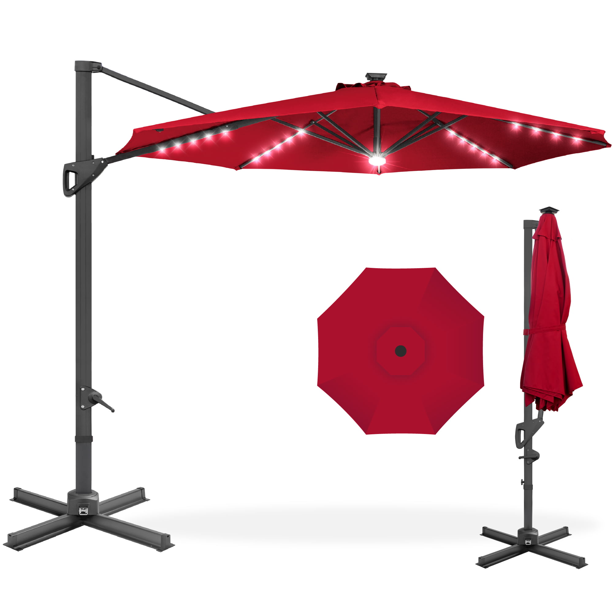 Best Choice Products 10ft 360-Degree Solar LED Cantilever Patio Umbrella. Outdoor Hanging Shade w/ Lights - Red