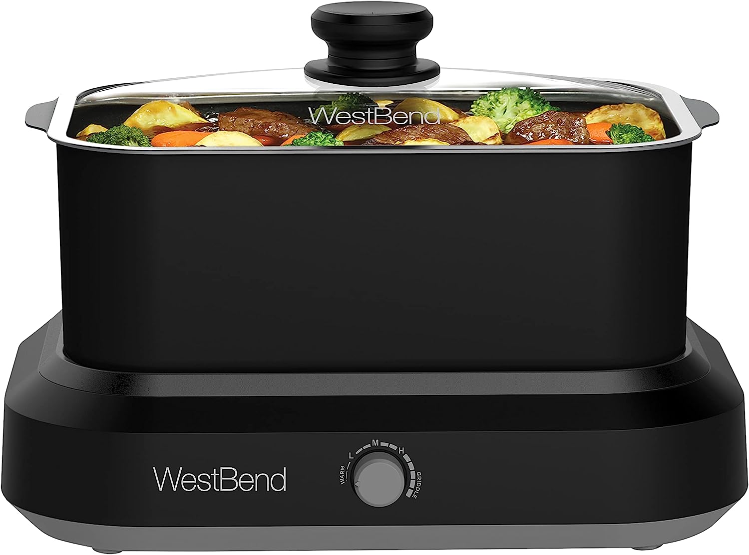 West Bend 87905BK Slow Cooker Large Capacity Non-stick Variable Temperature Control Includes Travel Lid and Thermal Carrying Case. 5-Quart. Black