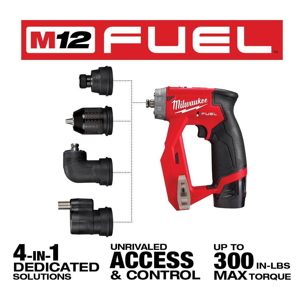 Milwaukee 2505-22-2415-20 M12 FUEL 12V Lithium-Ion Brushless Cordless 4-in-1 Interchangeable 3/8 in. Drill Driver Kit with Right Angle Drill