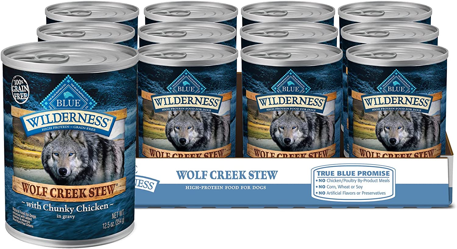 Blue Buffalo Blue Wilderness Wolf Creek Stew Chunky Chicken Stew Wet Dog Food. 12.5 oz.. Case of 12