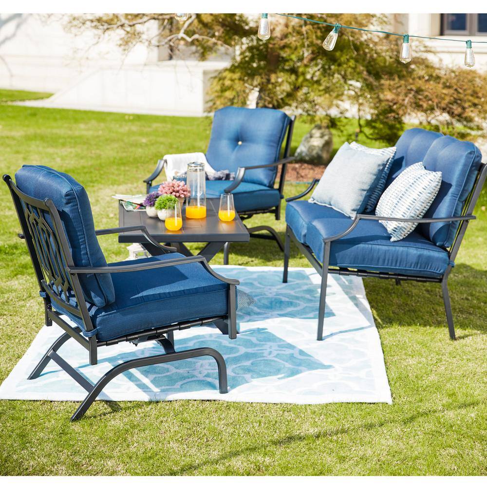 Patio Festival  4-Piece Metal Patio Conversation Set with Blue Cushions