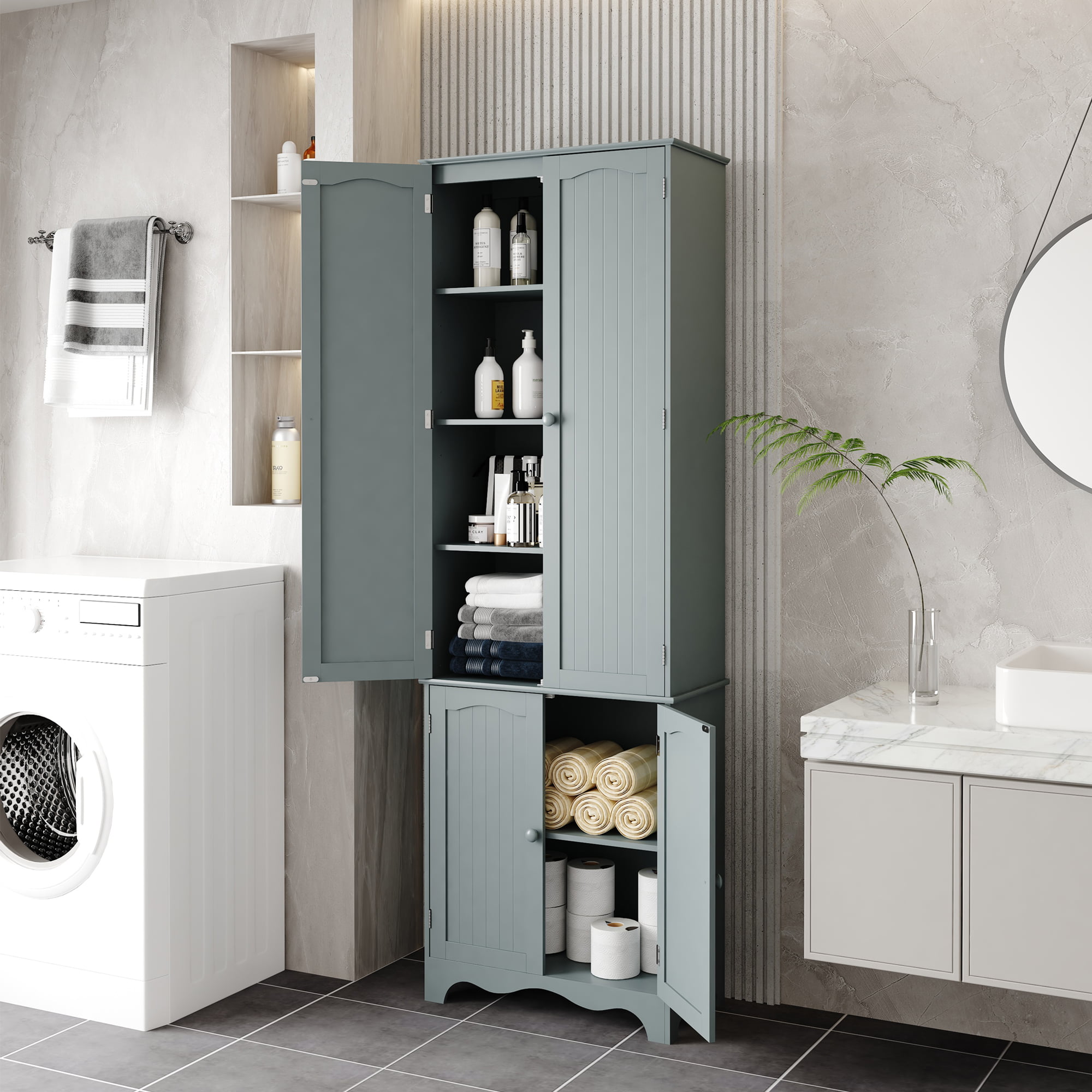 HOMEFORT 72″ H Freestanding Tall Pantry Cabinet. Kitchen Pantry with 2 Large Cabinets and Adjustable Shelves. 2-Door Floor Storage Cabinet for Additional Storage Space in Gray