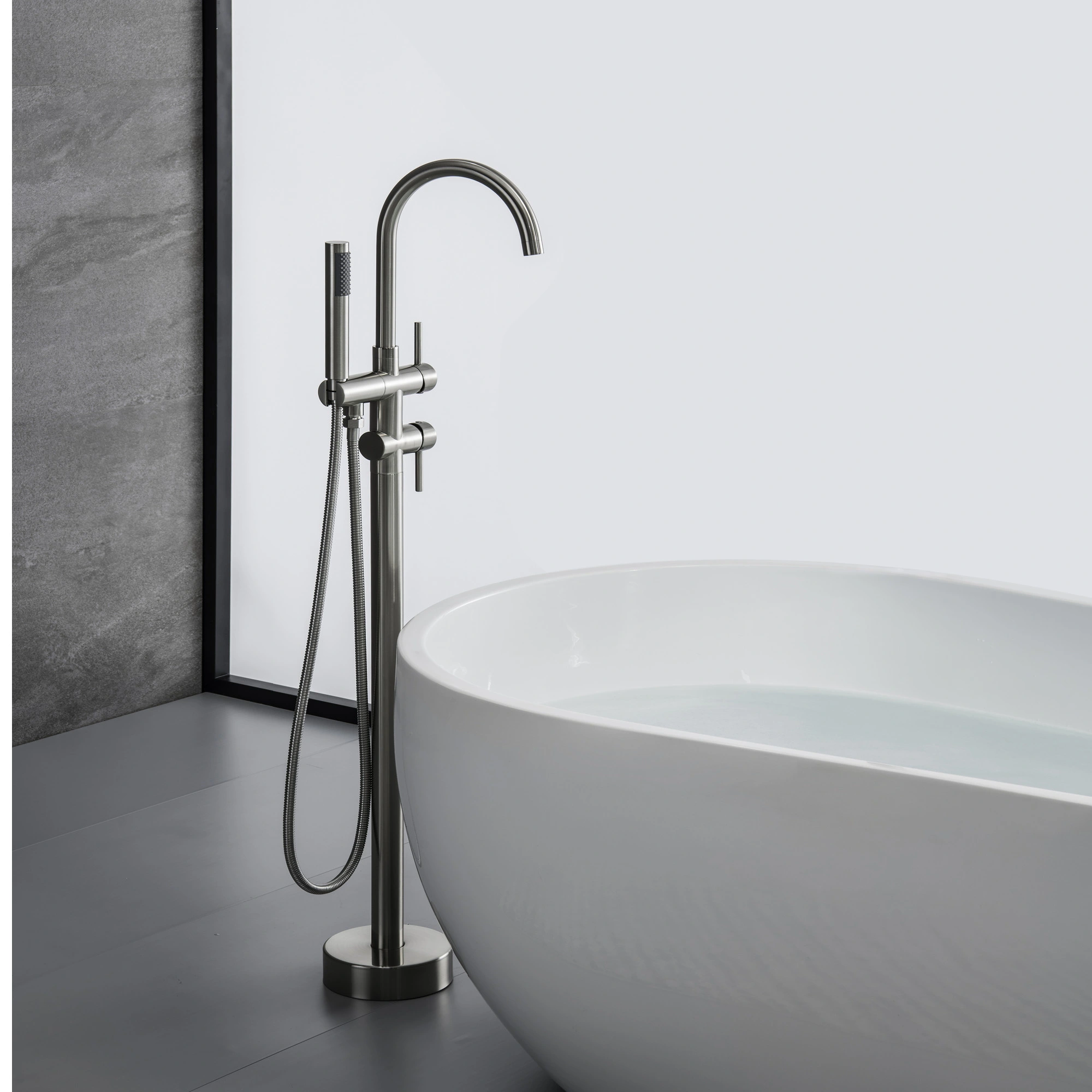 TrustMade Double Handle Freestanding Tub Filler with Handshower - R01 (Brushed Nickel)
