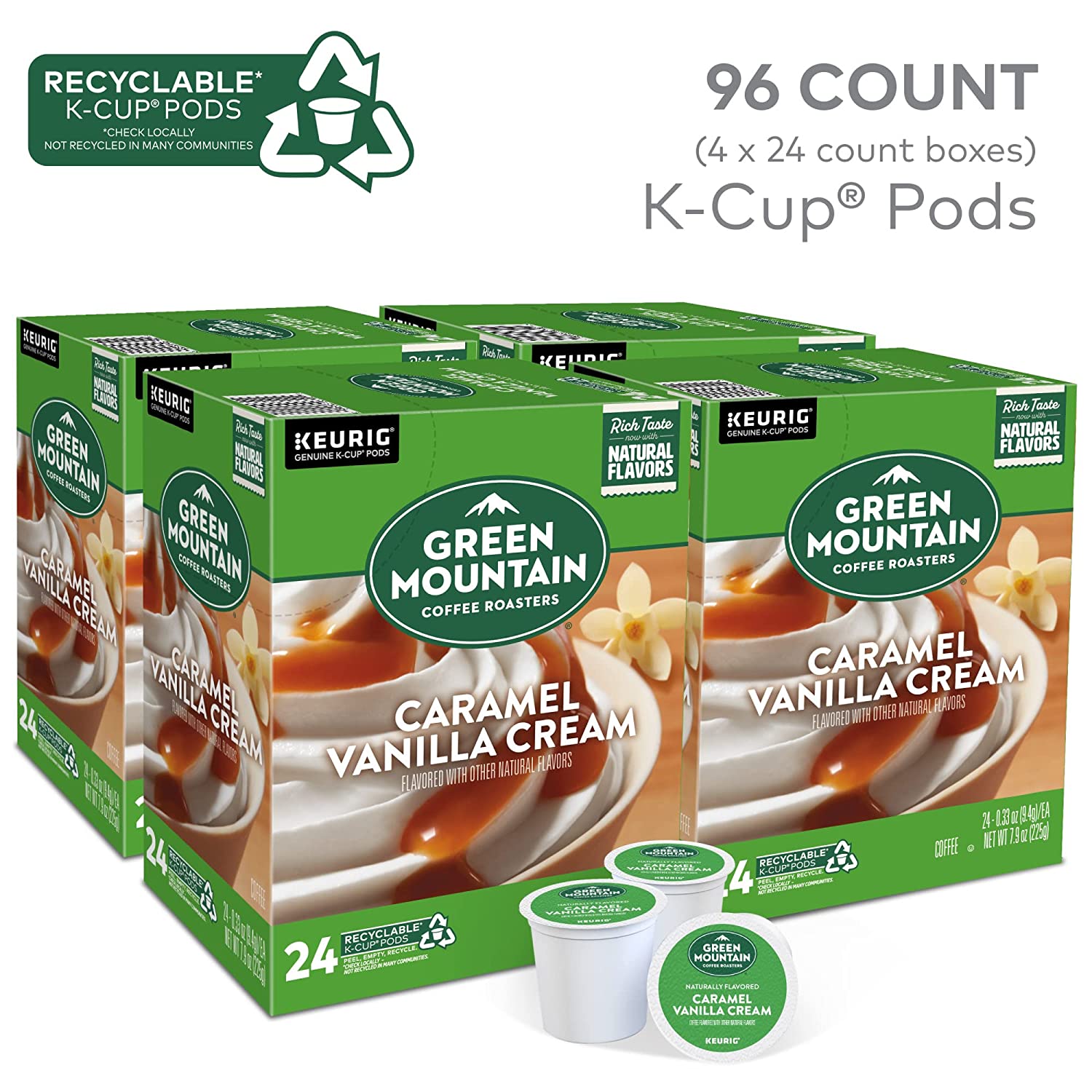 Green Mountain Coffee Roasters Caramel Vanilla Cream. Single-Serve Keurig K-Cup Pods. Flavored Light Roast Coffee. 96 Count
