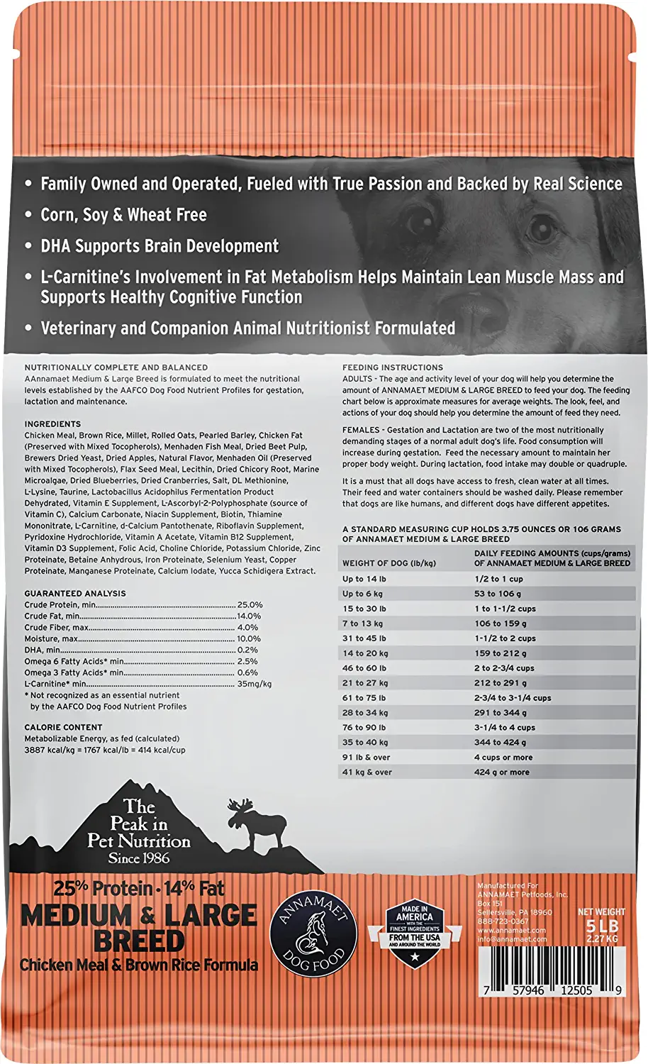 Annamaet Original Medium and Large Breed Formula Dry Dog Food. 25% Protein (Chicken & Brown Rice) - 5 lb. Bag