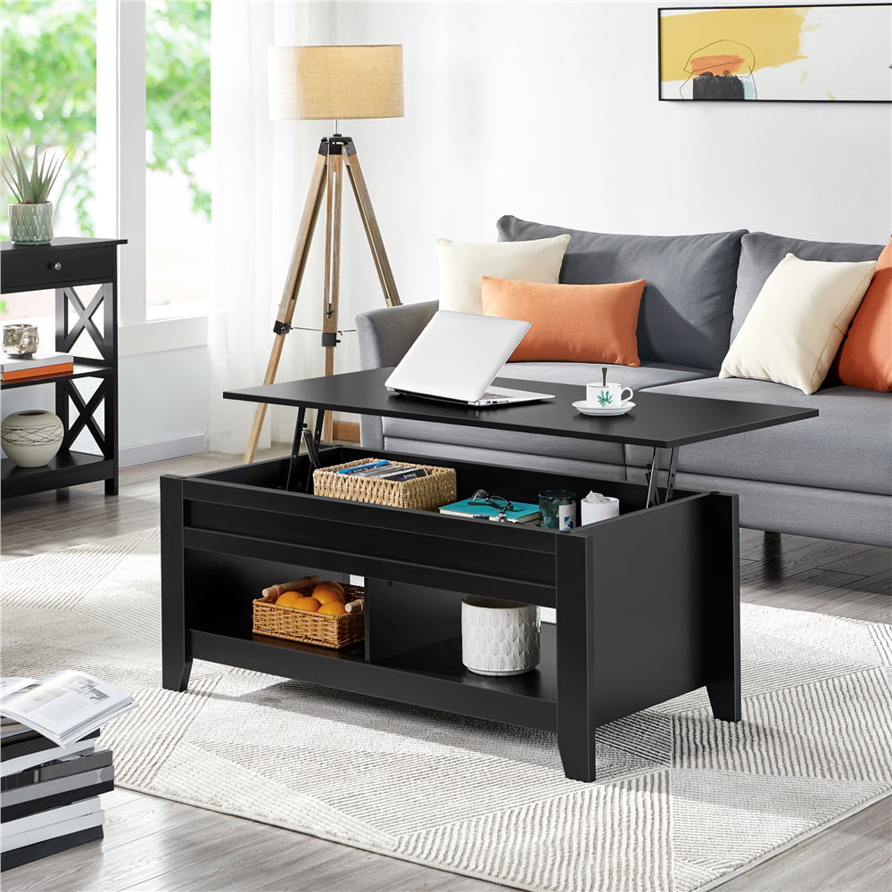 Alden Design 47.5″ Lift Top Coffee Table with 2 Storage Compartments. Black