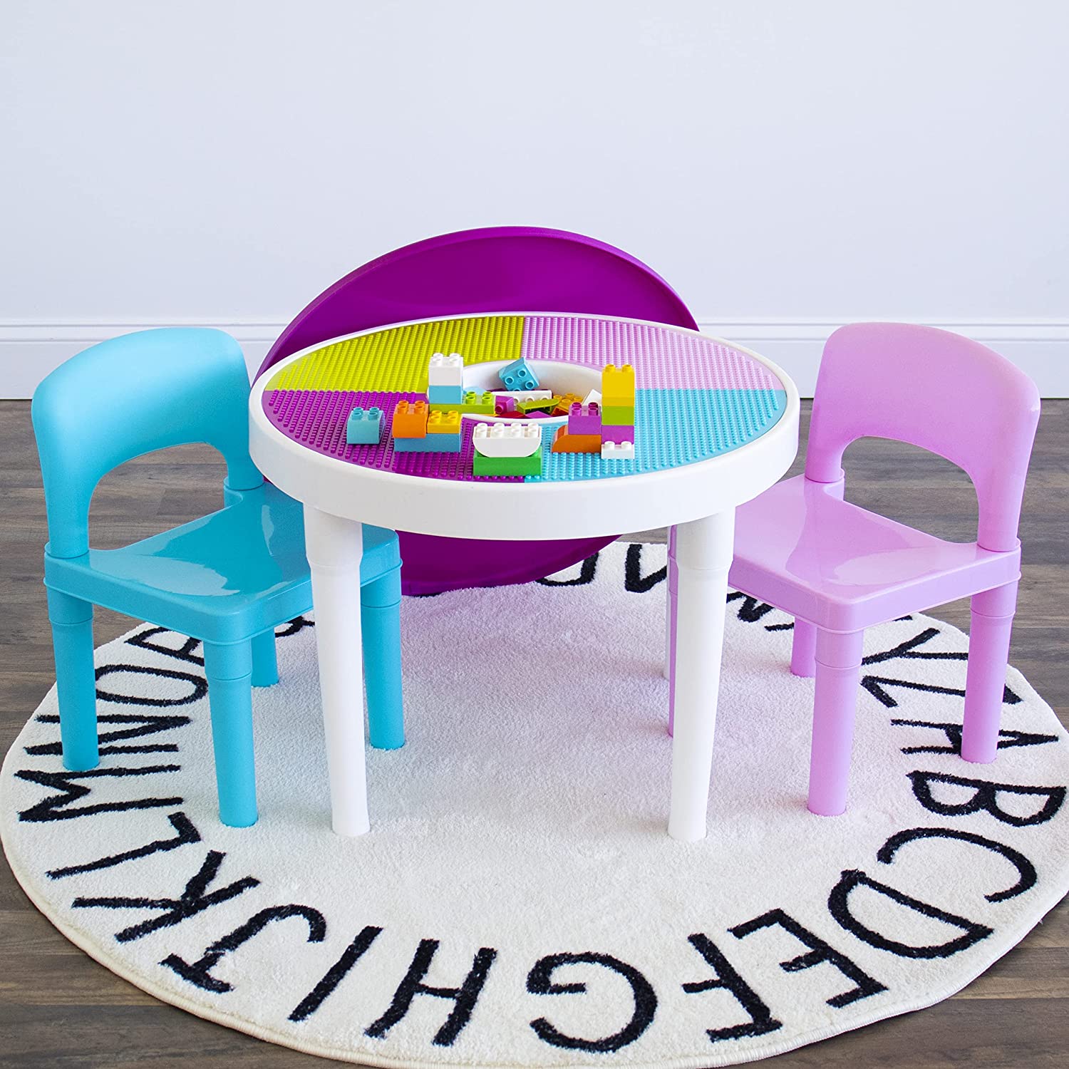 Humble Crew. White/Blue/Pink Kids 2-in-1 Plastic Building Blocks-Compatible Activity Table and 2 Chairs Set. Light Colors