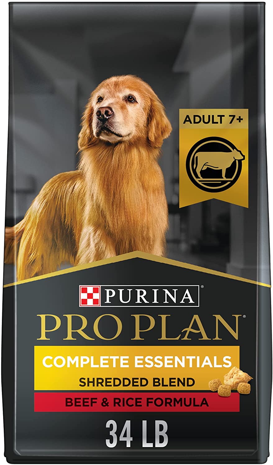 Purina Pro Plan Adult 7+ Complete Essentials Shredded Blend Beef and Rice Formula High Protein Dry Dog Food for Senior Dogs - 34 lb. Bag