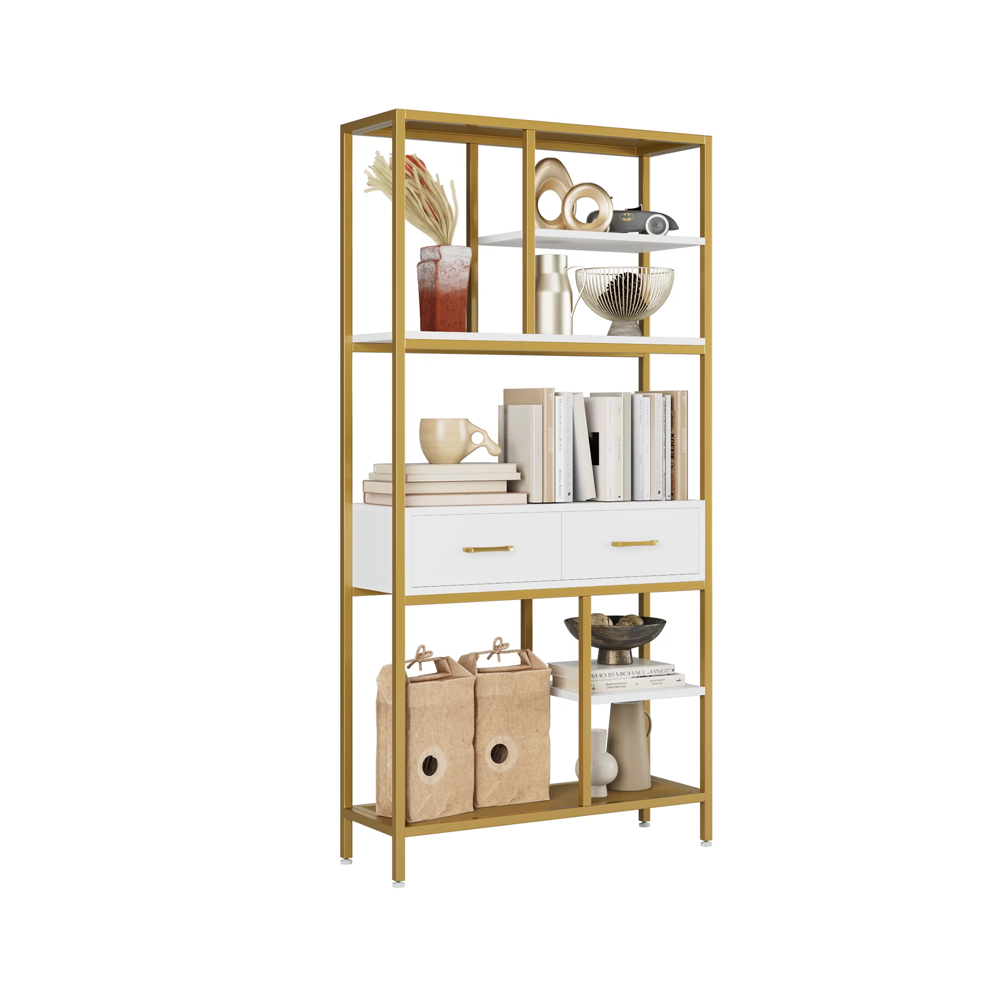 Homfa 5 Tier Bookshelf with Drawer. Metal Frame Tall Bookshelf with Display Shelves and Stands. Dark Brown