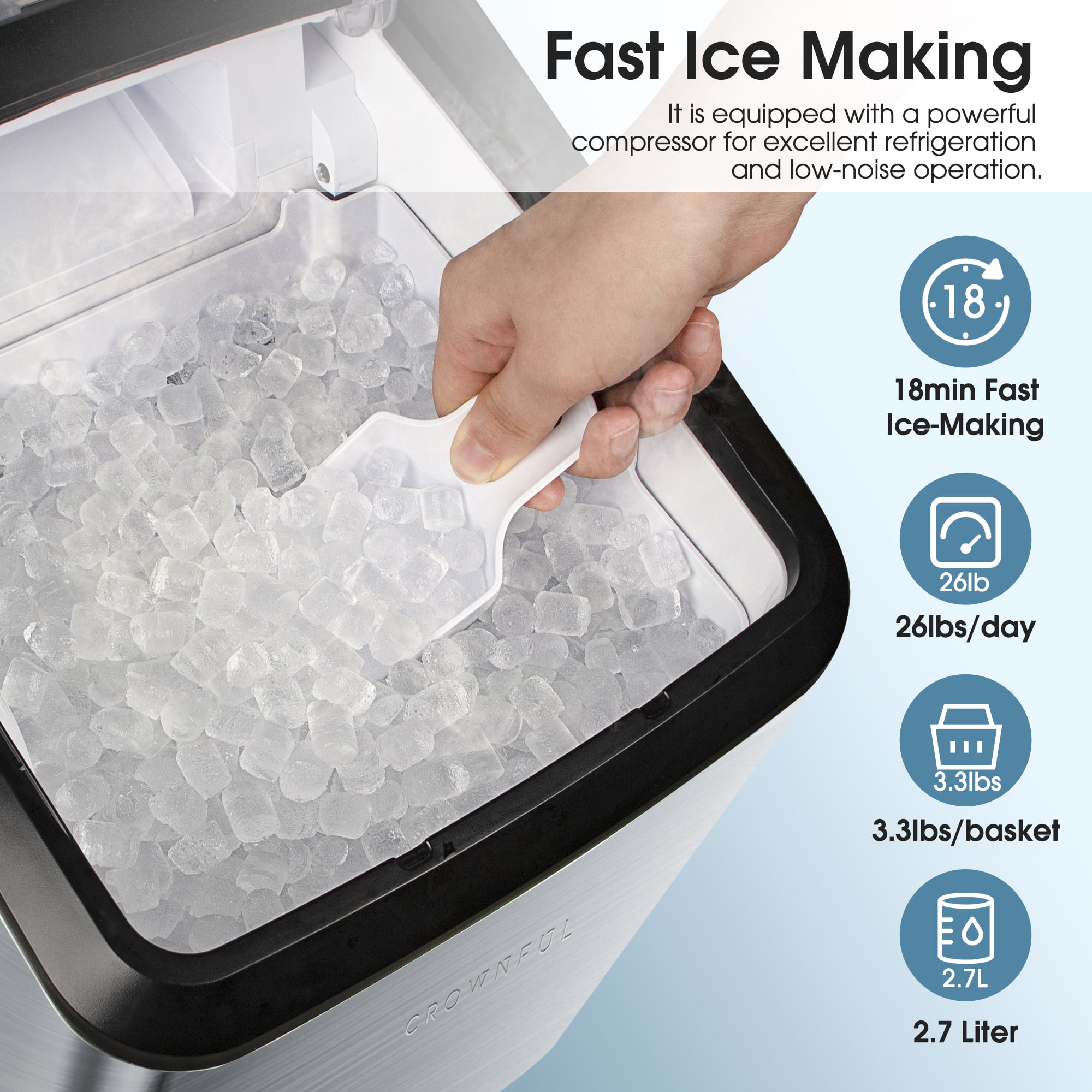CROWNFUL Nugget Ice Maker Portable Countertop Machine. 26lbs Crunchy Pellet Ice in 24H