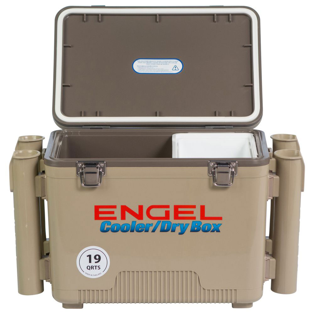 Engel 19 Quart Fishing Rod Holder Attachment Insulated Dry Box Ice Cooler. Tan