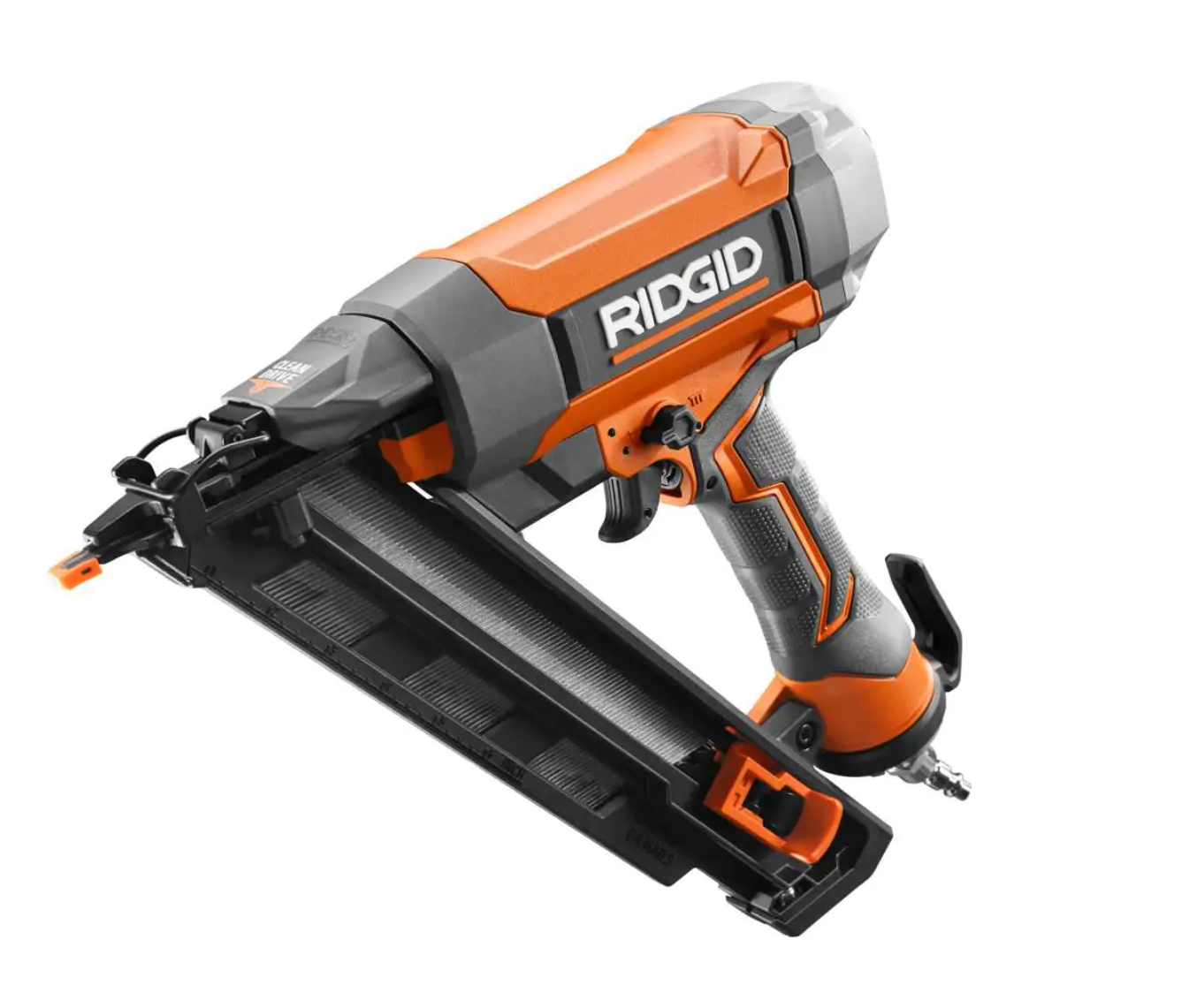 RIDGID R250AFF Pneumatic 15-Gauge 2-1/2 in. Angled Finish Nailer with CLEAN DRIVE Technology. Tool Bag. and Sample Nails