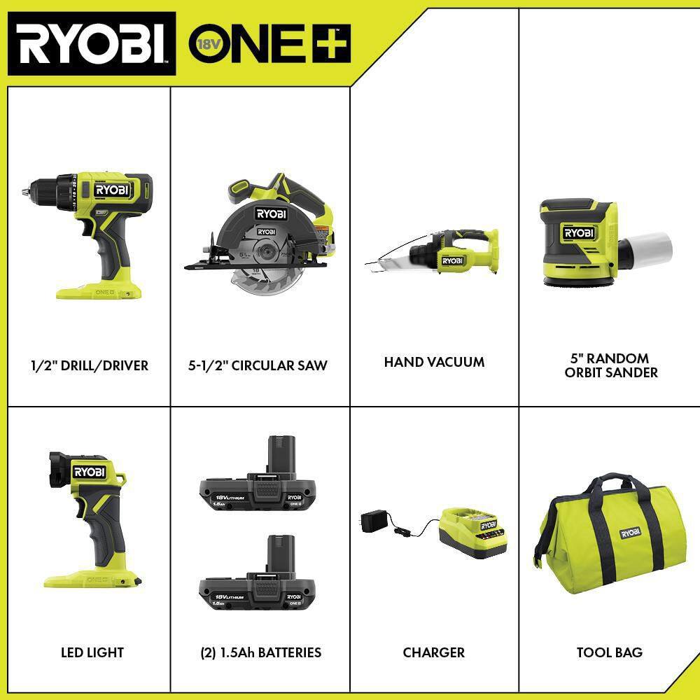 Ryobi PCL1503K2 ONE+ 18V Cordless 5-Tool Combo Kit with (2) 1.5 Ah Batteries. Charger. and Tool Bag