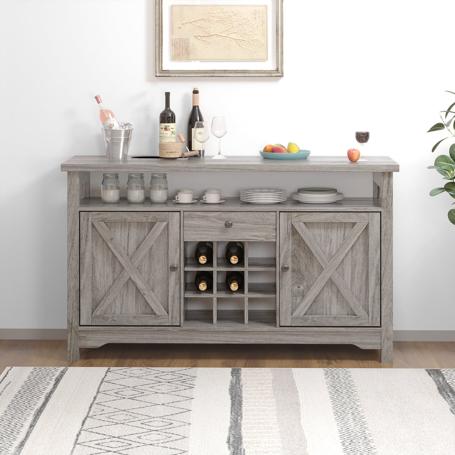 Farmhouse Coffee Bar Cabinet. 47″ Kitchen Buffet Storage Cabinet with Barn Door. Liquor Cabinet with Wine Rack. Gray