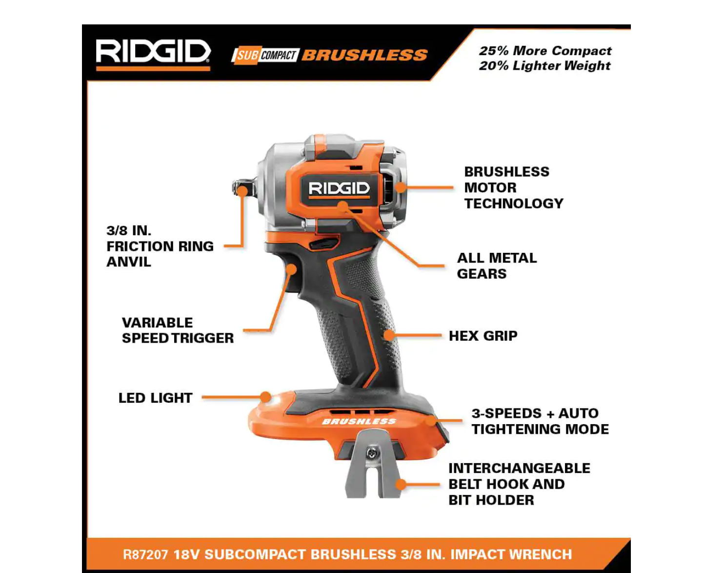 RIDGID R87207K 18V SubCompact Brushless Cordless 3/8 in. Impact Wrench Kit with Belt Clip. 2.0 Ah Battery. and 18V Charger