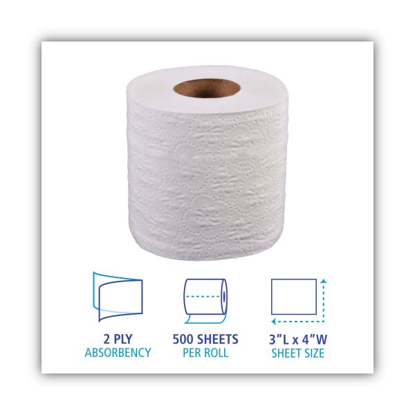 Boardwalk Standard Toilet Paper. 2-Ply. White. 4 x 3 Sheet. 500 Sheets/Roll. 96 Rolls/Carton