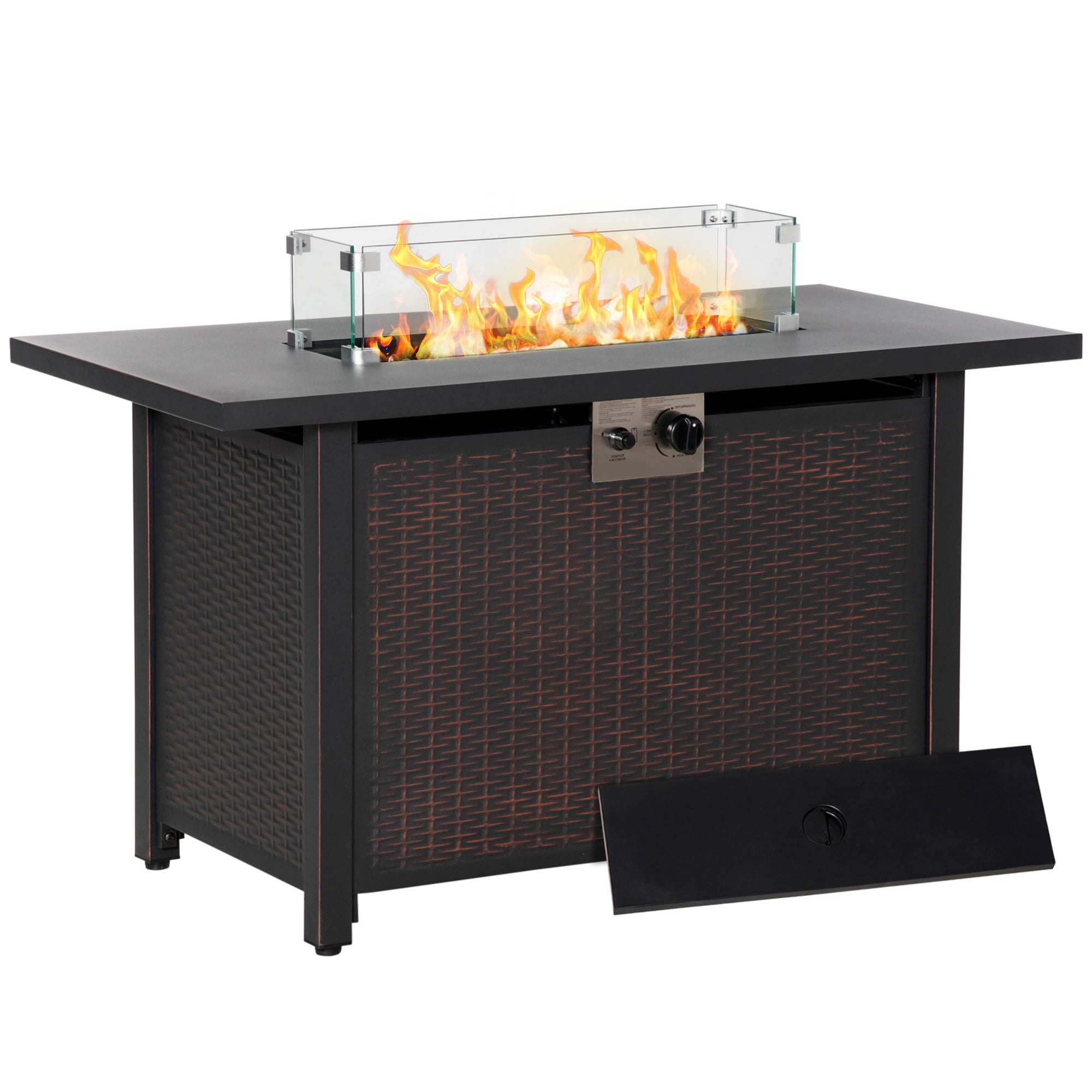Outsunny 43 Inch Outdoor Propane Gas Fire Pit Table. 50.000 BTU Auto-Ignition Rectangular Wicker-effect Gas Firepit. CSA Certification. Bronze