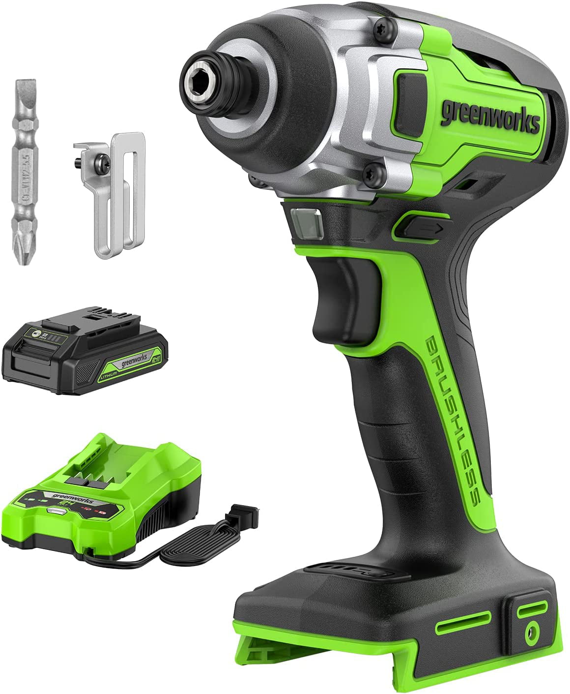Greenworks 24V Brushless Impact Driver Kit. 2650 Inch-Pounds 3-Speed with 2Ah Battery and 2A Charger