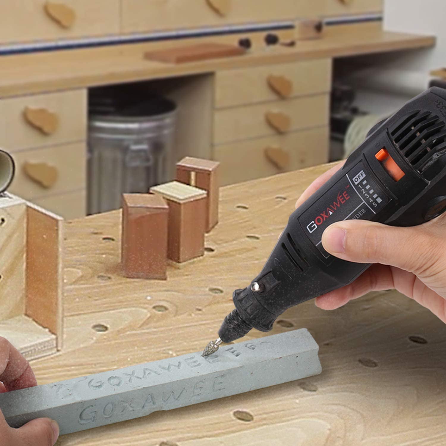 GOXAWEE 130W Rotary Tool Kit with MultiPro Keyless Chuck and Flex Shaft. 140pcs Accessories Variable Speed Electric Drill Set. for Handmade Crafting Projects and DIY Creations