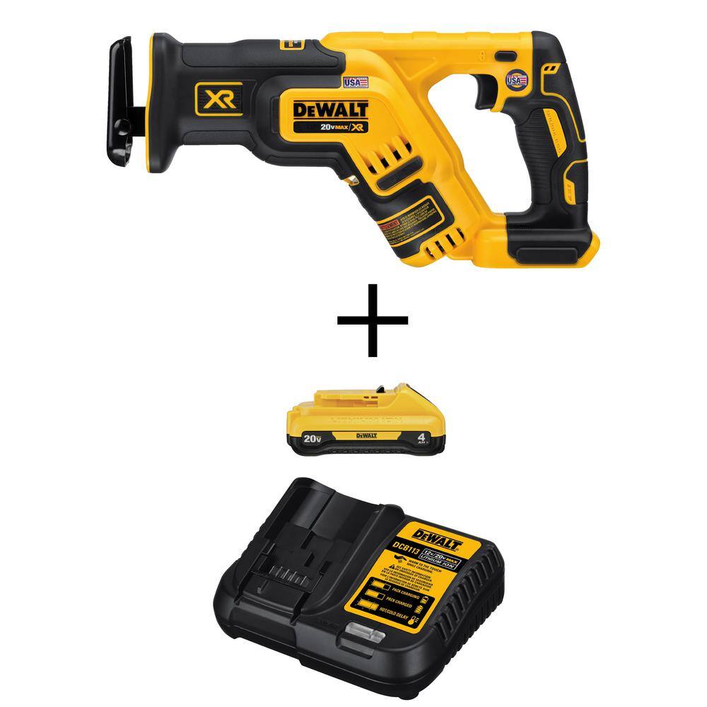 DEWALT  20V MAX XR Cordless Brushless Compact Reciprocating Saw. (1) 20V Compact Lithium-Ion 4.0Ah Battery. and 12V-20V Charger