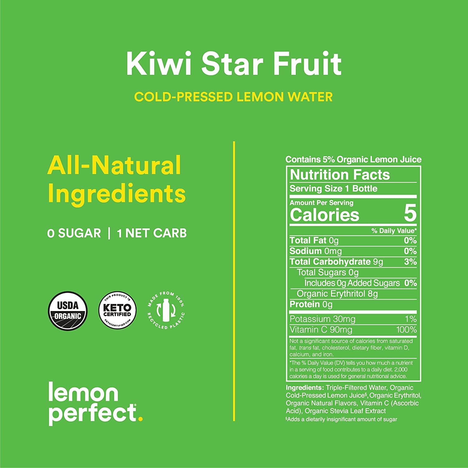 Lemon Perfect. Organic Cold-Pressed Lemon Water. Squeezed from Real Fruit. Flavored Water. Sugar-Free. Keto Certified. No Artificial Ingredients. Kiwi Star Fruit (12-Pack)
