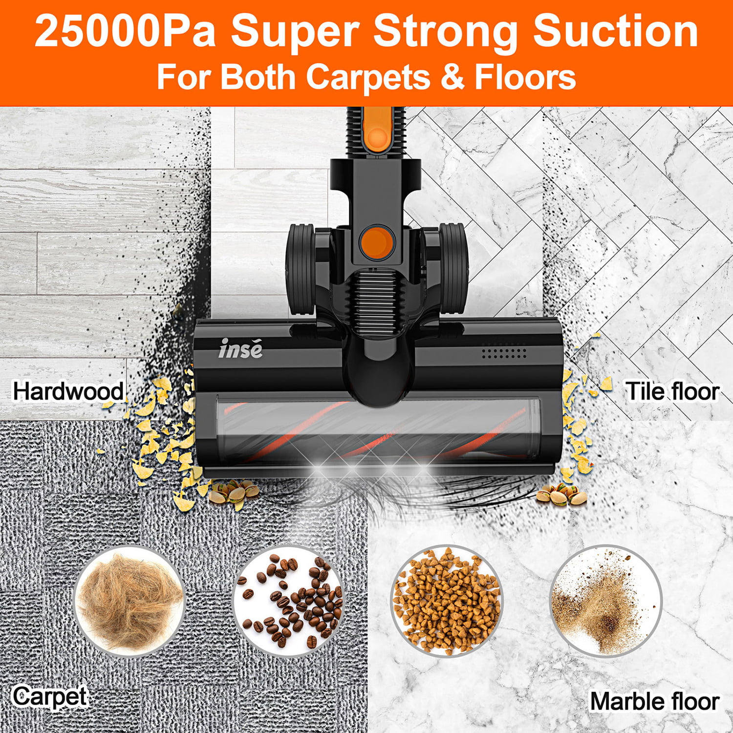 INSE Cordless Vacuum Cleaner. 6-in-1 Stick Vacuum Cleaner with Detachable Battery. 25kPa Strong Suction. Extra Large Dustbin. Powerful Brushless Motor. Ultra Quiet Lightweight