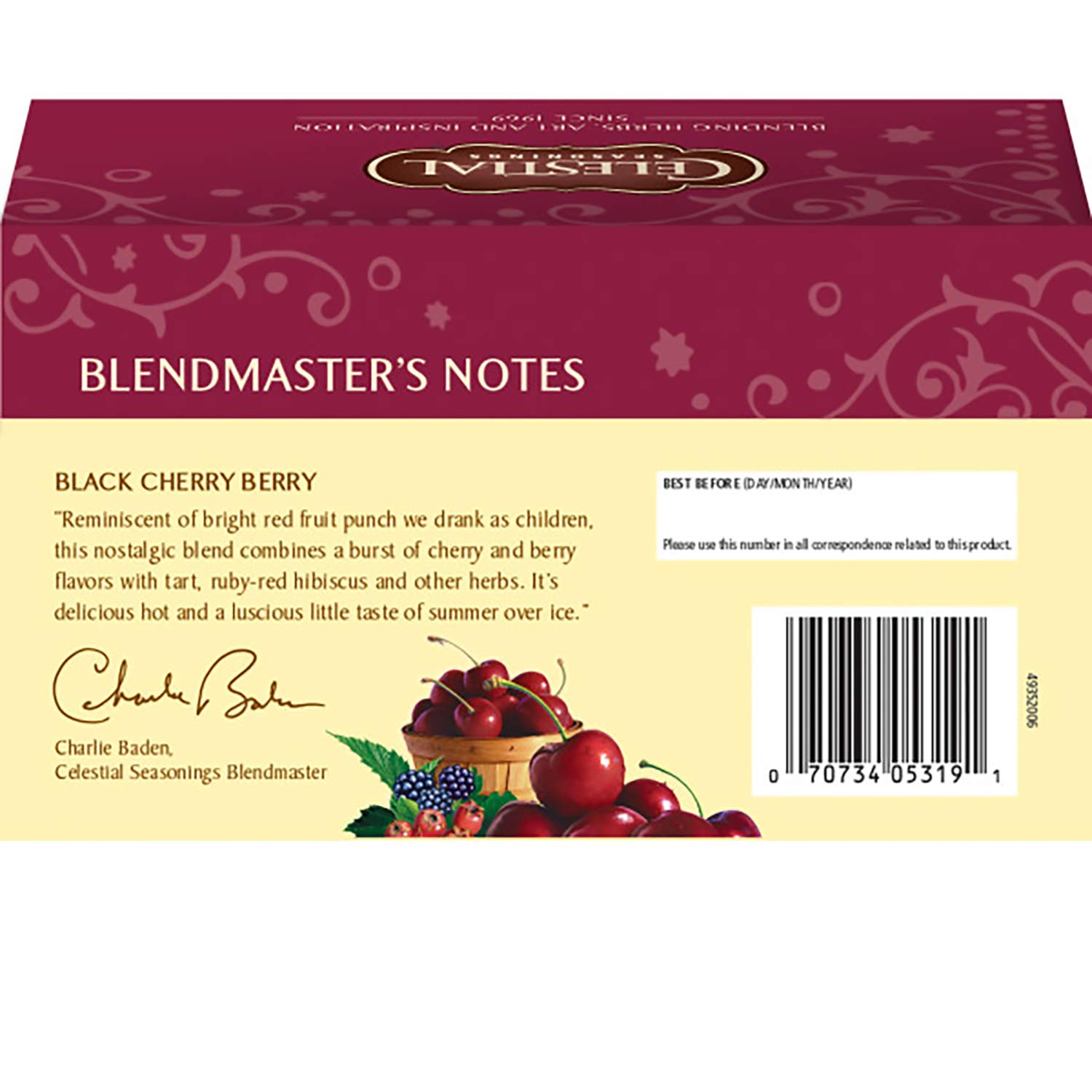Celestial Seasonings Herbal Tea. Black Cherry Berry. Caffeine Free. 20 Tea Bags. 1.6 Ounce (Pack of 6)