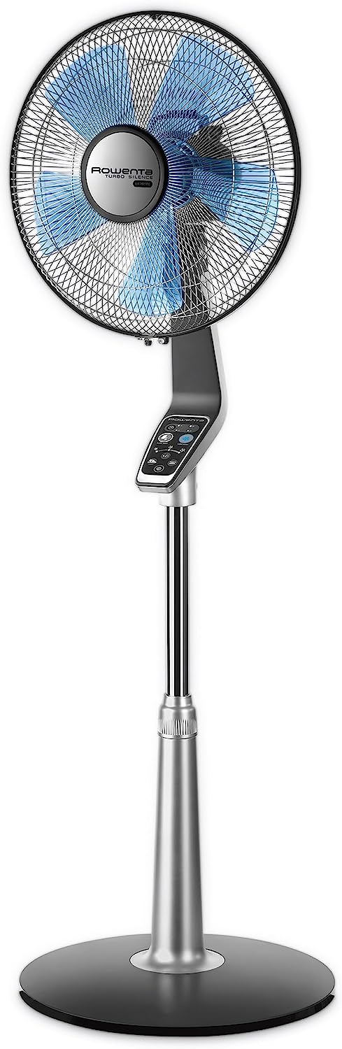 Rowenta Turbo Silence Standing Floor Fan with Remote 53 Inches Ultra Quiet Fan Oscillating. Portable. 5 Speeds. Indoor. Refresh Up to 23-Feet VU5670.Silver