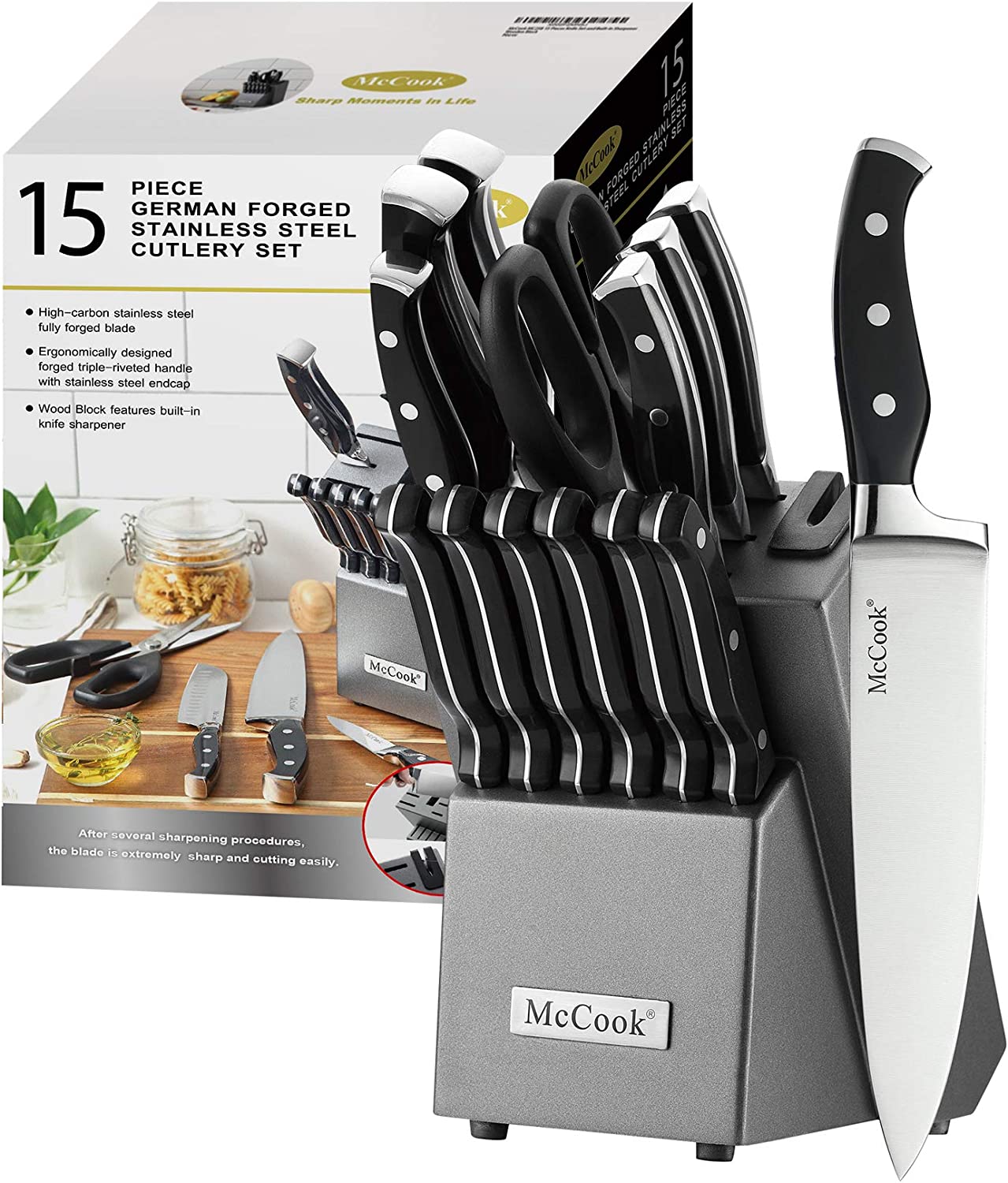 McCook® MC25A Knife Sets.15 Pieces German Stainless Steel Kitchen Knife Block Set with Built-in Sharpener