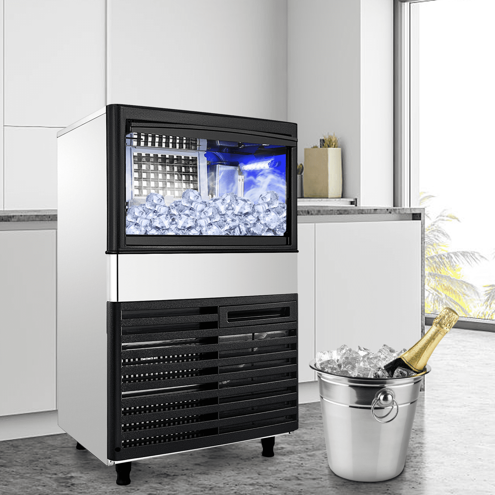 BENTISM 110V Commercial Ice Maker 132lbs/24H with 44 lbs Bin. Clear Cube. LED Panel. Stainless Steel. Auto Clean. Include Water Filter. Scoop. Connection Hose. Professional Refrigeration Equipment
