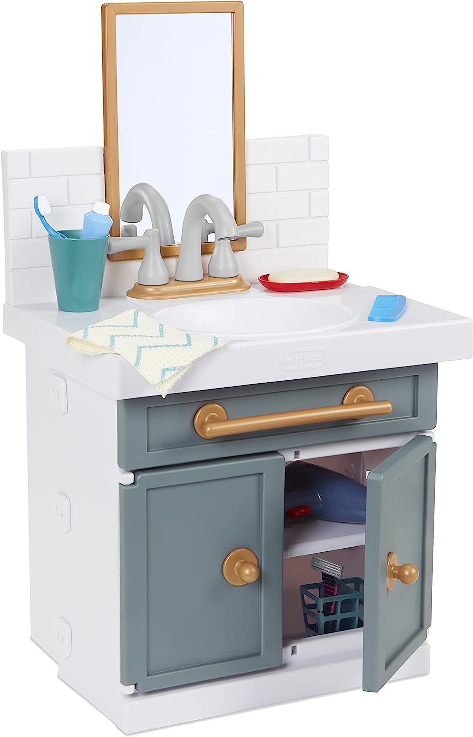 Little Tikes First Bathroom Sink with Real Working Faucet Pretend Play for Kids. 12 Bathroom Accessories. Interactive Unique Toy Multi-Color. Ages 2+ Grey