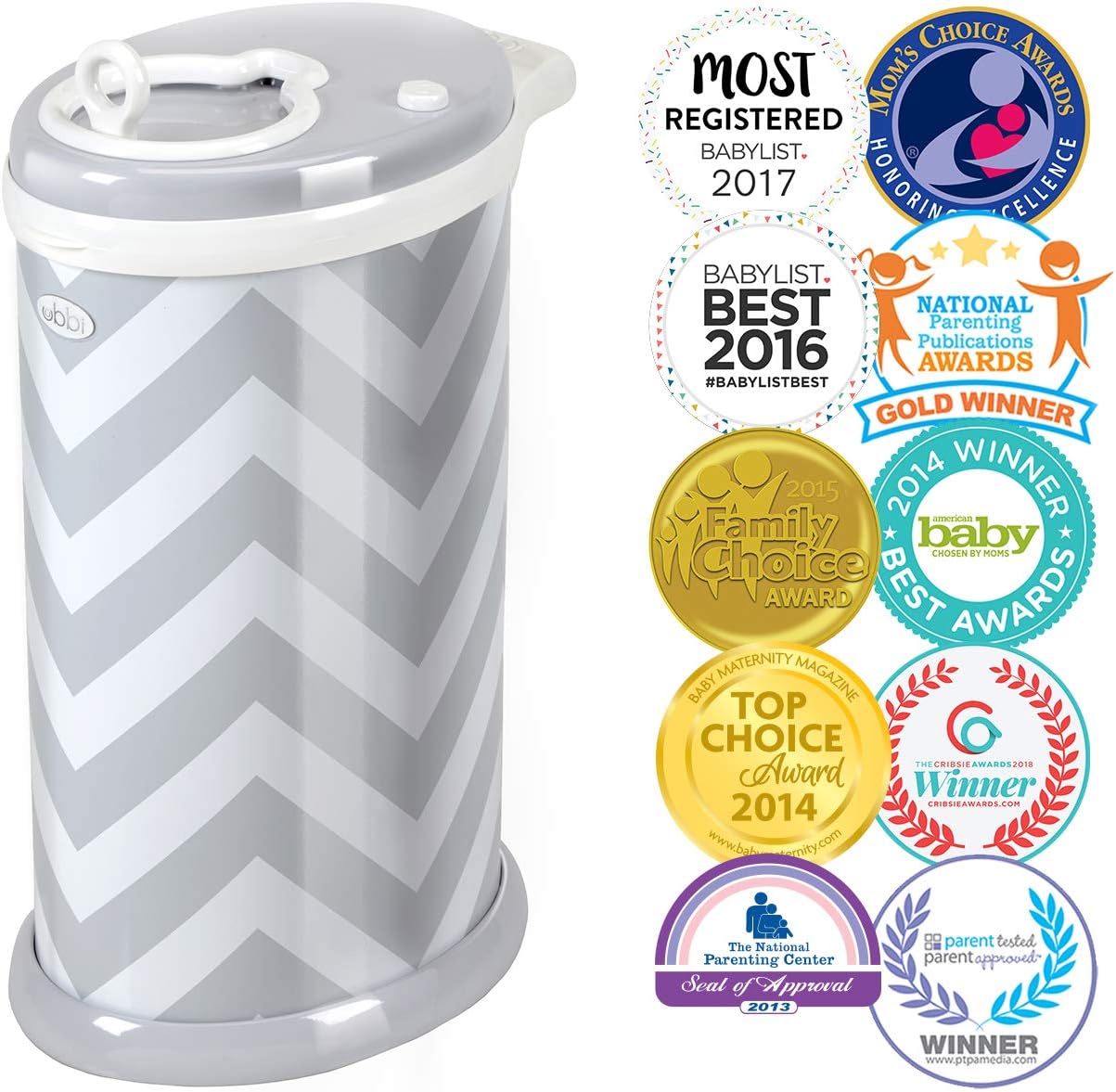 Ubbi Steel Odor Locking. No Special Bag Required Money Saving. Awards-Winning. Modern Design. Registry Must-Have Diaper Pail. Gray Chevron