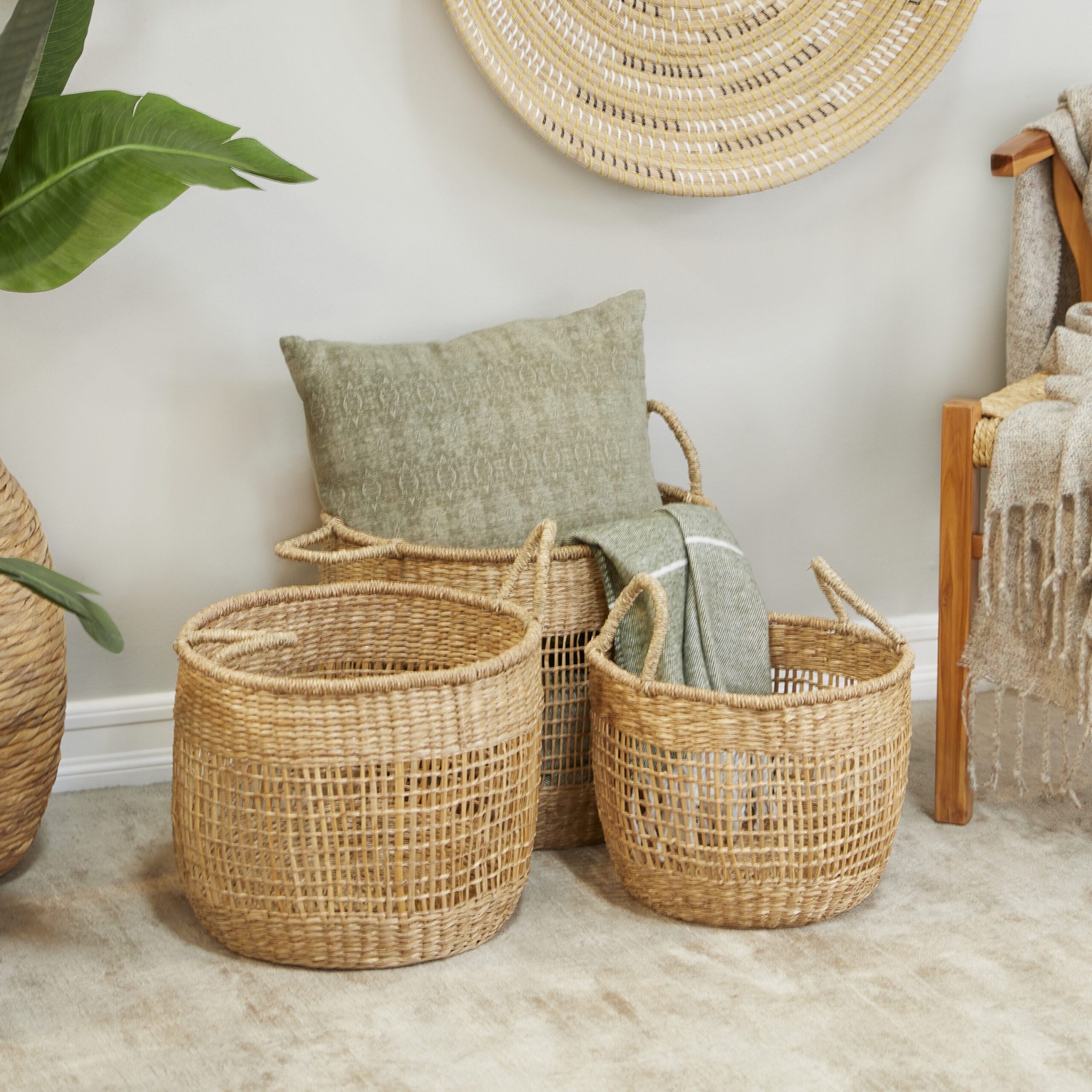 Grayson Lane 3-Pack 16.85-in W x 16.85-in H x 17.3-in D Brown Handmade with Handles Sea Grass Stackable Basket