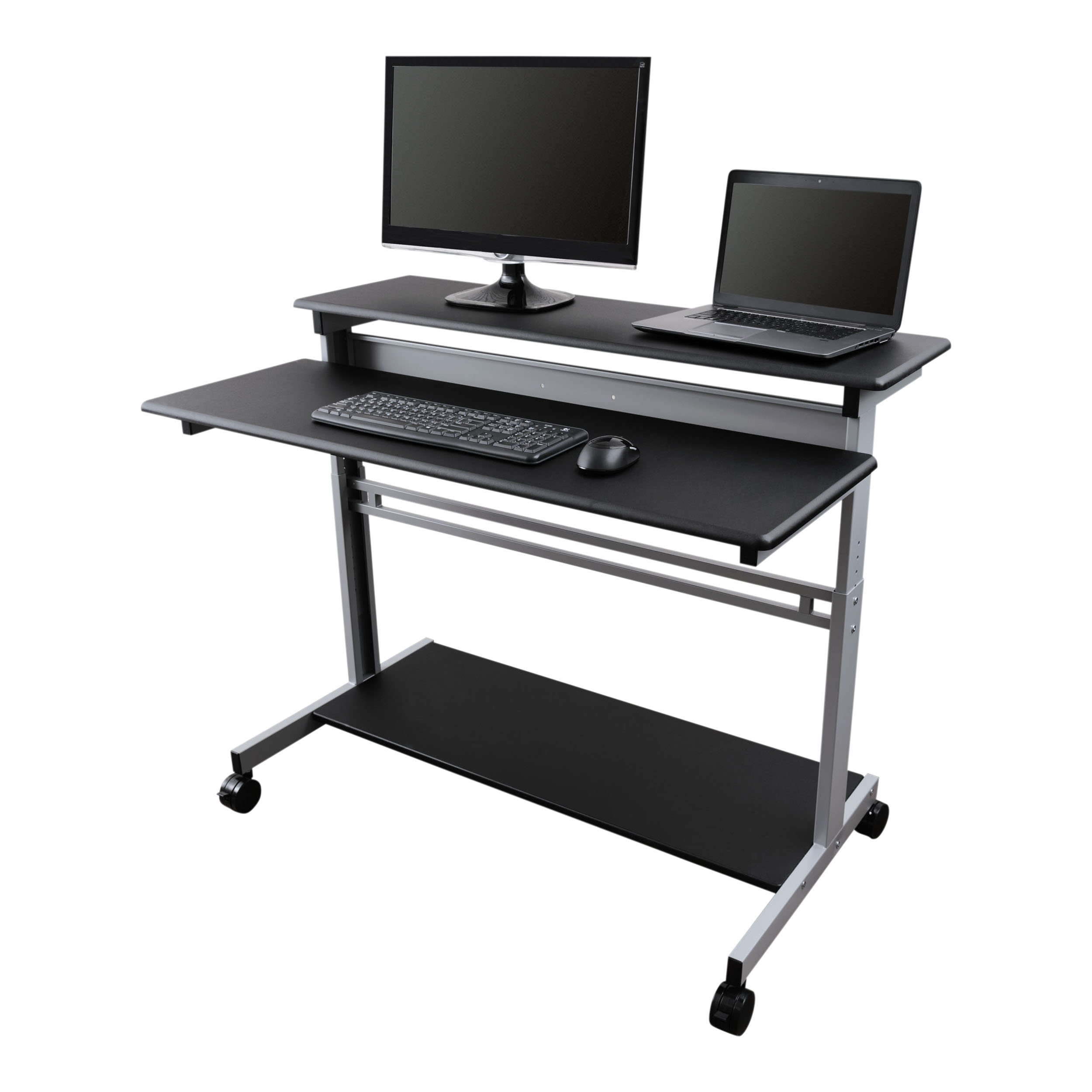 Stand Up Desk Store Rolling Adjustable Height Two Tier Standing Desk Computer Workstation (Silver Frame/Black Top. 48″ Wide)
