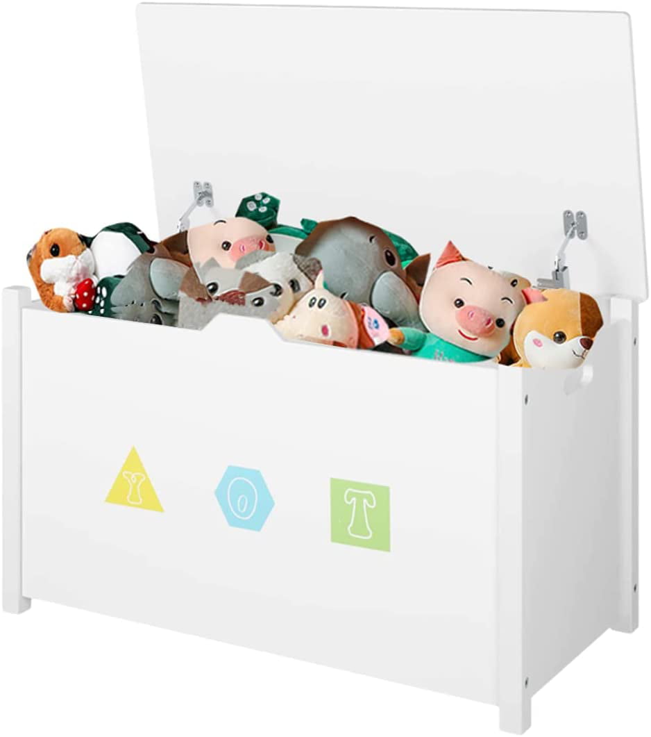 Homfa Kids- Cubby Bookcase. Children-s Wood Toy Chest with Flip-Top Lid and Safety Hinges for Nursery Playroom. White Finish