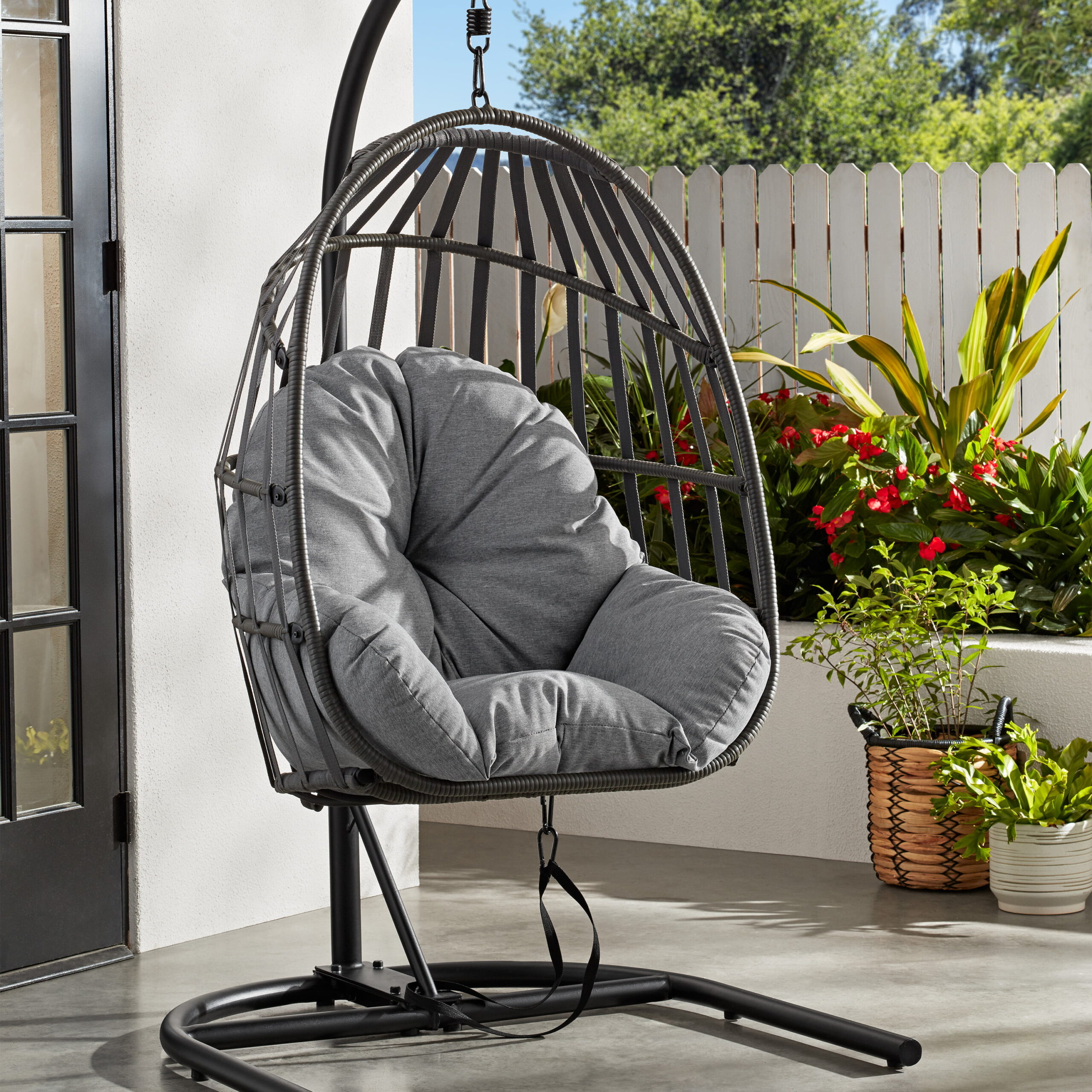 Mainstays Wicker Outdoor Patio Hanging Egg Chair with Olefin Cushion and Metal Stand. Gray