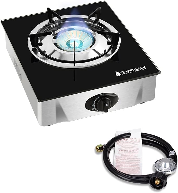 Camplux Propane Stove with Auto Ignition. Single Burner Propane Stoves 9.500 BTU. Tempered Glass Gas Cooktop