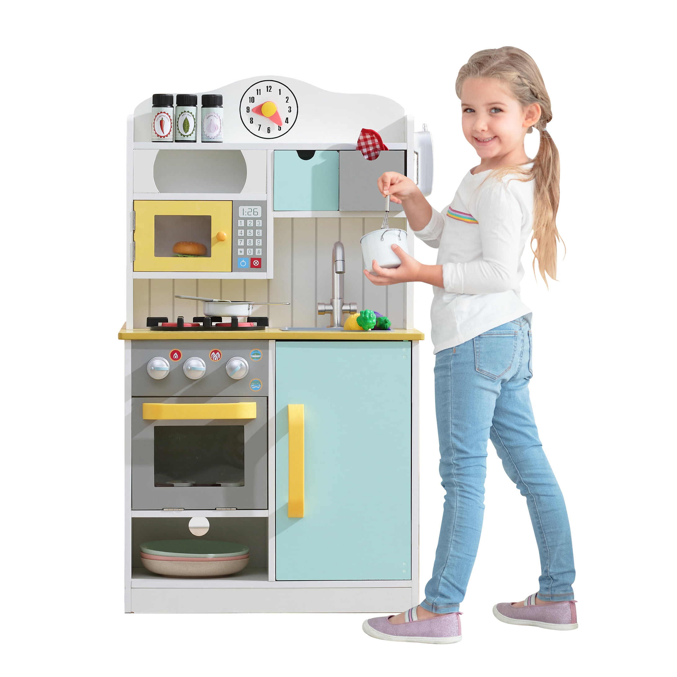 Teamson Kids Little Chef Florence Classic Kids Kitchen Playset with 5 Accessories. White/Blue