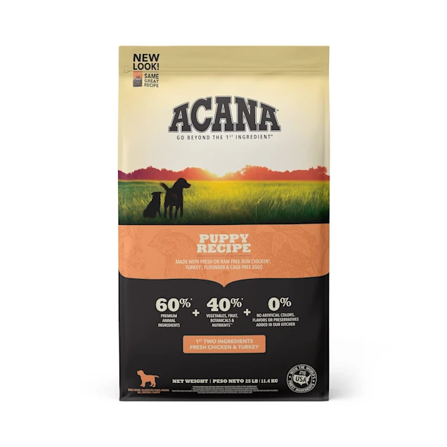 ACANA Grain-Free Chicken Turkey Fish Cage-Free Eggs Dry Puppy Food. 25 lbs.