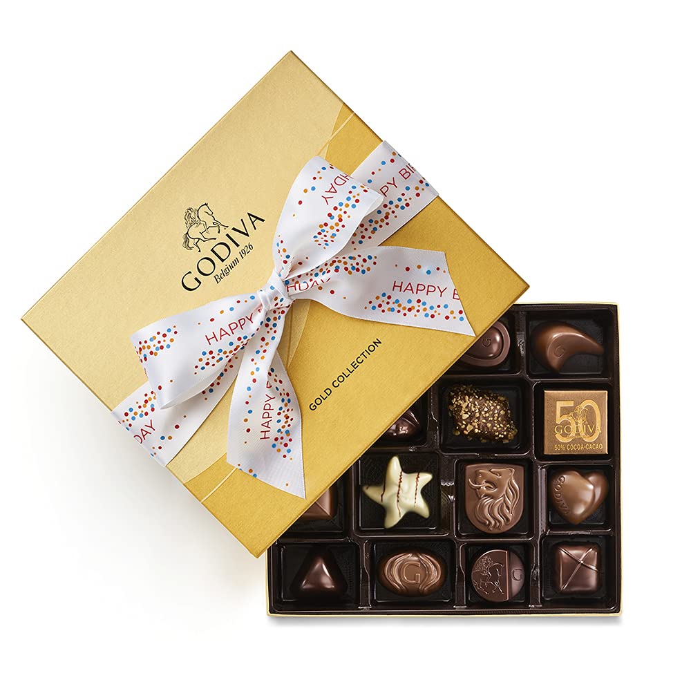 Godiva Chocolatier Assorted Chocolate Truffles Gold Gift Box. Happy Birthday Ribbon. 19-Pieces. 7.2 Ounce