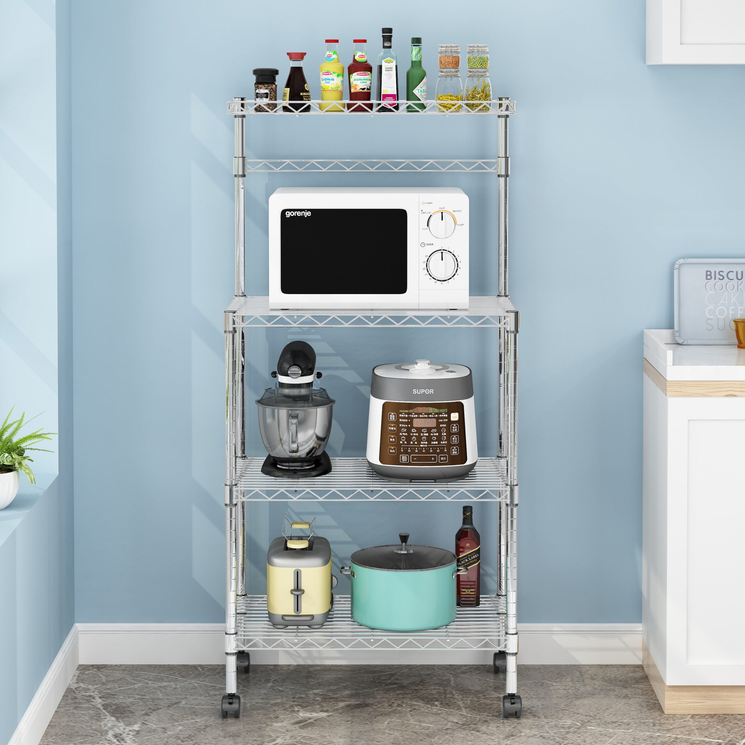 Zimtown 4 Tiers Kitchen Cart Island on Wheels Rolling Microwave Oven Stand Baker-s Rack with Storage Shelves. Silver Finish