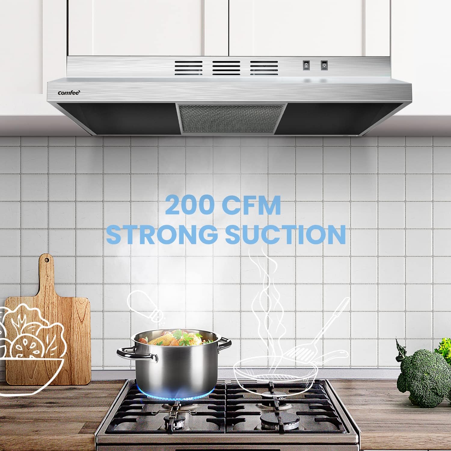 Comfee CVU30W2AST Range Hood 30 Inch Ducted Ductless Vent Hood Durable Stainless Steel Kitchen Hood for Under Cabinet with 2 Reusable Filter. 200 CFM. 2 Speed Exhaust Fan