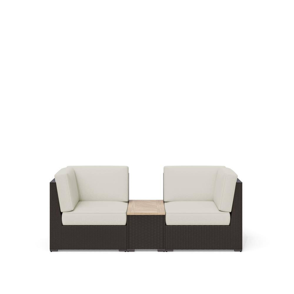 HOMESTYLES  Palm Springs 3 Piece Brown Wicker and Wood Patio Conversation Set 2 Side Chairs and Storage Bench with Tan Cushions