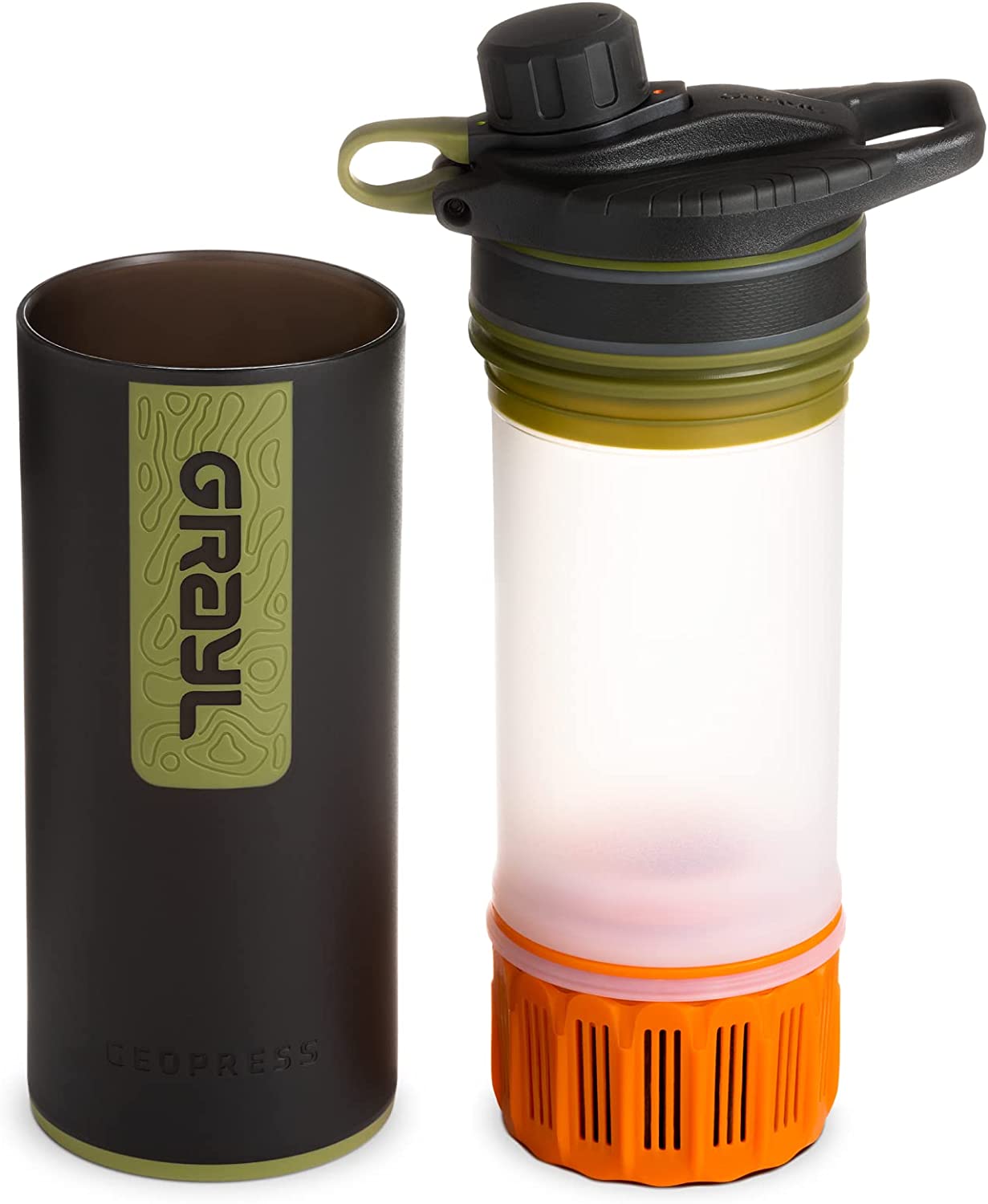 GRAYL GeoPress 24 oz Water Purifier Bottle. Camo Black – Filter for Hiking. Camping. Survival. Travel