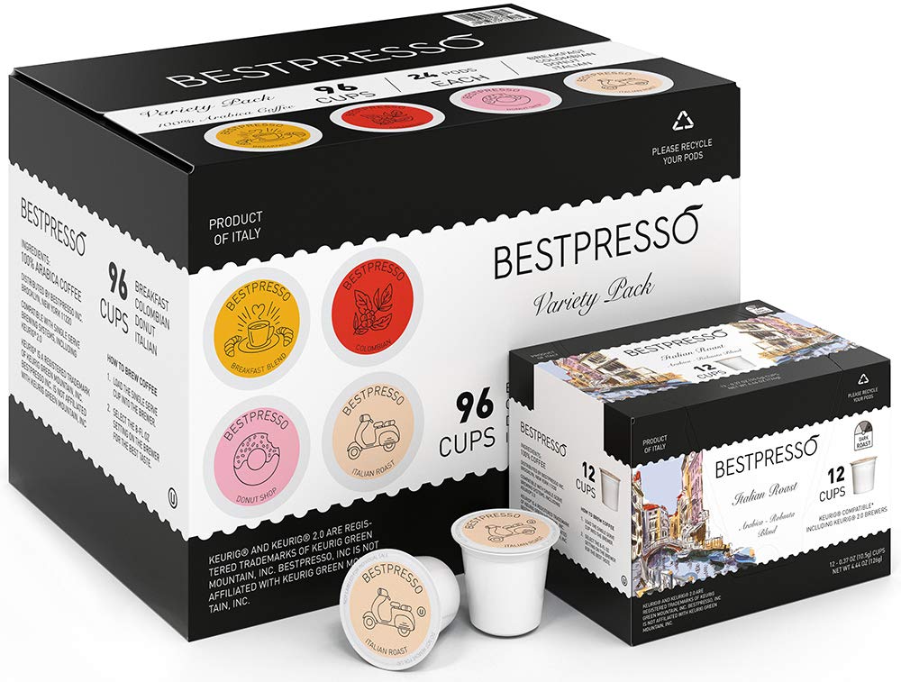 Bestpresso Coffee. Variety Pack Single Serve K-Cup Pods. 96 Count. Includes Breakfast. Colombain. Donut and Italian (Compatible With 2.0 Keurig Brewers) 8 Packs Of 12 Cups