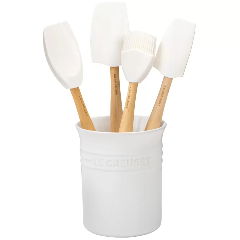 Le Creuset JS450-16 Silicone Craft Series Utensil Set with Stoneware Crock. 5 pc.. White