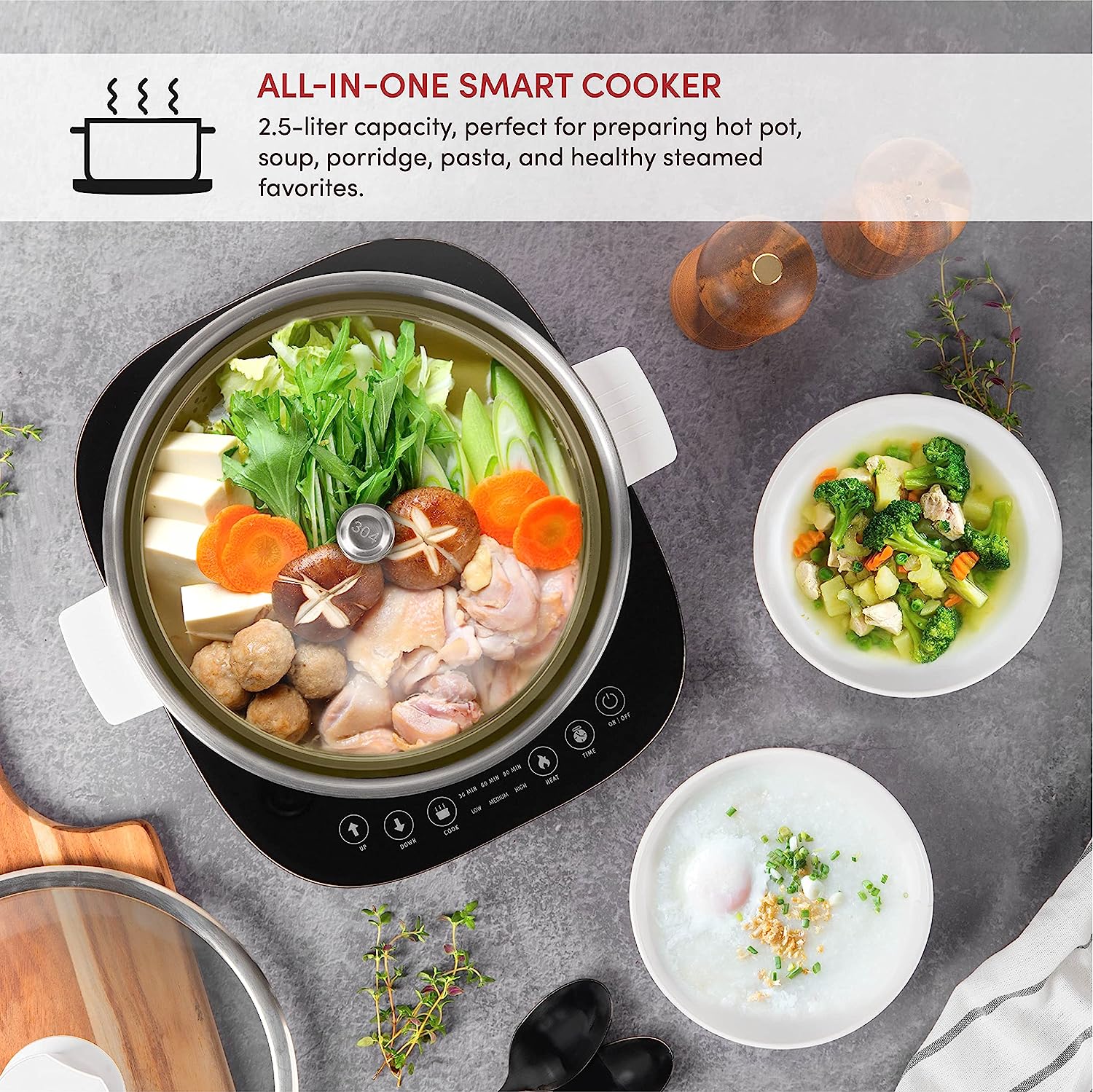 Aroma Housewares 2.5-Liter Smart Electric Hot Pot & Rapid Boil Steamer with Automatic Stainless Steel Steamer Basket Lift. White. ASP-700