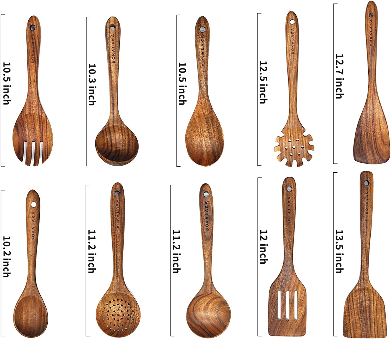BOKALAKA Wooden Spoons for Cooking.10 Pcs Natural Teak Wooden Kitchen Utensils Set Wooden Utensils for Cooking Wooden Cooking Utensils Wooden Spatulas for Cooking